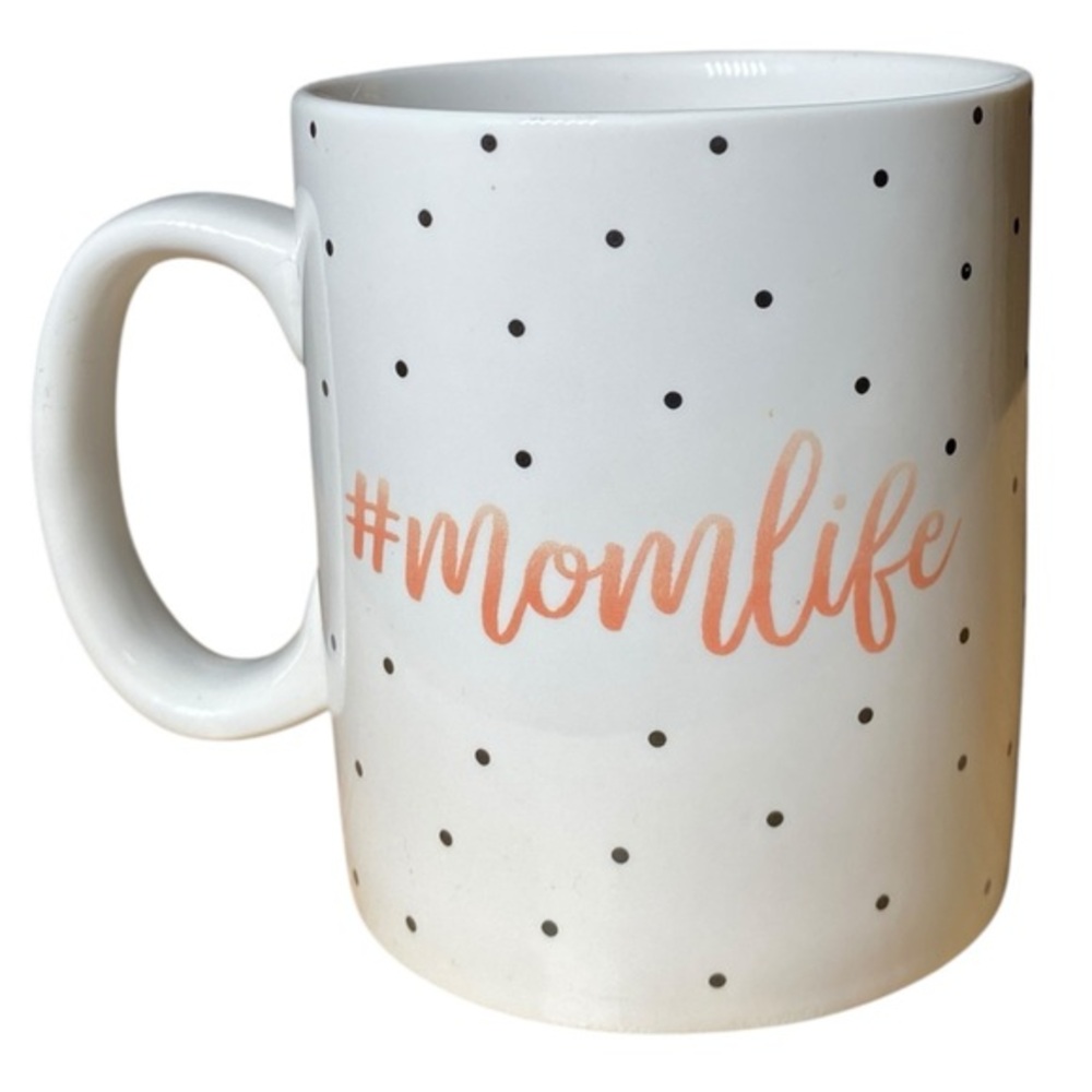 Little Pear Hashtag Mom Life Graphic Black & White Polka Dot Coffee Tea Mug Cup